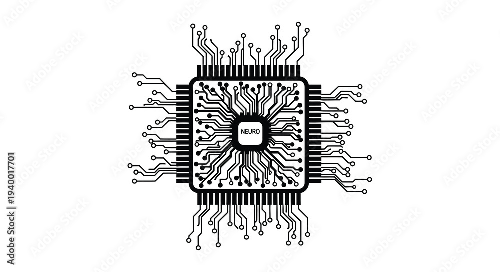 Fototapeta premium A detailed illustration of a computer chip with intricate circuitry resembling a human brain a striking silhouette