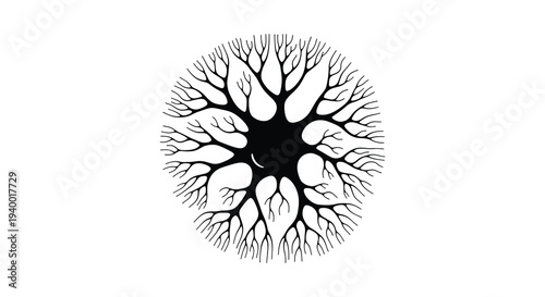 An intricate circular design of branching lines resembling a tree or neural network presented as a silhouette