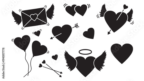 Heart icons with wings, arrows, and a halo, plus a flying envelope and heart balloons, in a black silhouette style