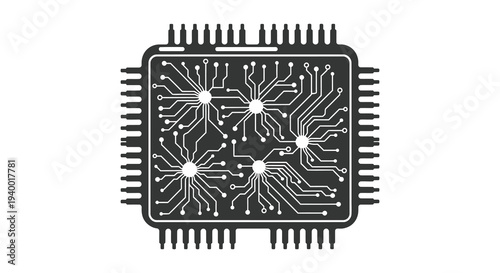 A detailed black silhouette of a microchip with intricate circuitry and pin connections technology illustration silhouette high quality