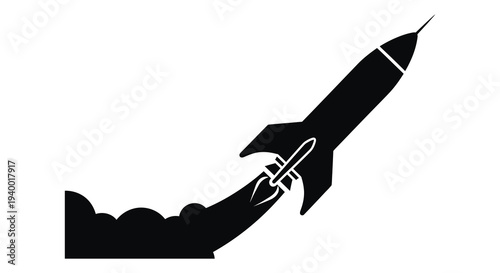 A sleek black rocket ascends dramatically with fiery exhaust trails against a plain white backdrop silhouette high quality