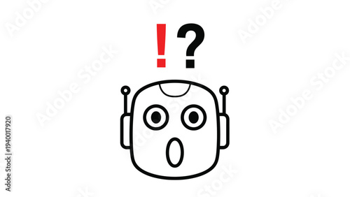 Cute white robot head character with surprised expression featuring exclamation and question marks above its head on white.