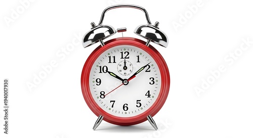Vintage red oval alarm clock with bell on white background