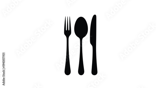 Black silhouette of classic silverware set including a fork, spoon, and knife arranged vertically for dining and menu icons.