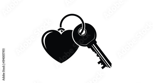 A striking black silhouette depicts a heart shaped lock and a key symbolizing love security and access silhouette