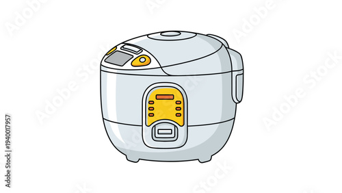 Modern electric rice cooker appliance in white and silver finish with yellow control panel buttons for home kitchen use.