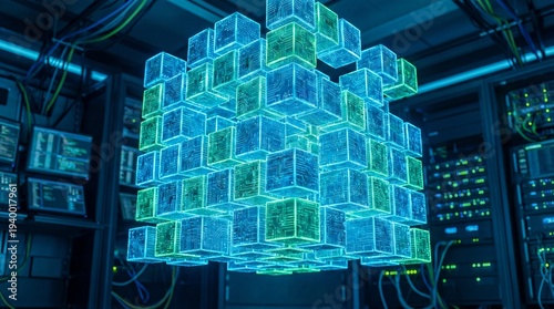 Futuristic glowing data cube structure in a server room, symbolizing big data, blockchain, and AI technology.