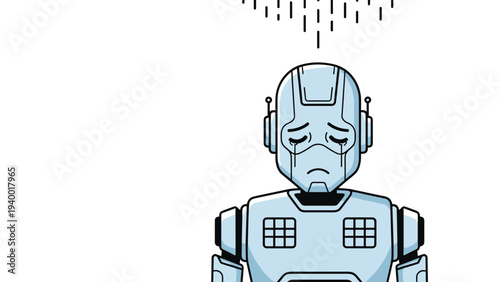 Sad blue robot character looking down while crying with rain falling from above representing technology failure or sadness.