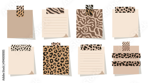 Collection of assorted beige sticky notes and memo papers held with different wild animal print washi tapes in natural tones.