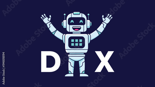 Cheerful robot character jumping with arms raised in front of large white letters DX on a dark blue background.