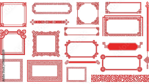 Traditional red Chinese style frames, borders, and decorative dividers with intricate patterns and cloud motifs on white.