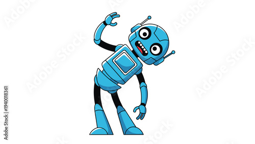 Blue robot character looking dizzy and confused with spinning eyes and a wobbly stance representing system error or confusion.