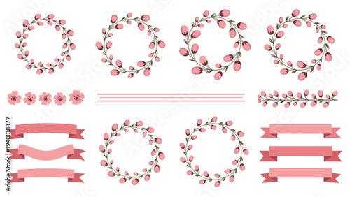Charming set of pink floral wreaths, borders, and decorative ribbons with small flower buds for feminine and soft designs.