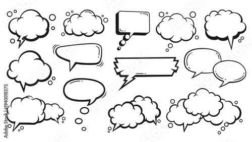 Large assortment of various hand-drawn comic style speech bubbles and thought clouds in black and white line art.
