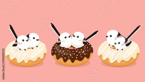 Three groups of small white birds perched on top of three decorated donuts on a soft pink background illustration.