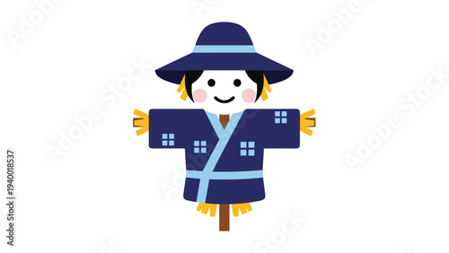 Simple illustration of a scarecrow wearing a blue kimono and a matching hat standing on a white background.