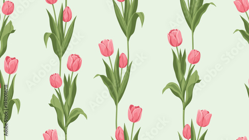 Seamless pattern of pink tulip flowers with green leaves on a light mint green background for nursery decor.