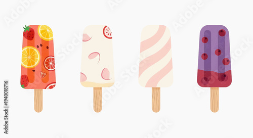 Assortment of four colorful frozen fruit popsicles on sticks, showcasing diverse flavors and vibrant designs