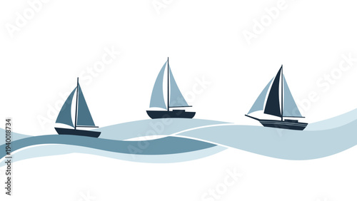 Three blue sailboats sailing on stylized blue and white waves against a clean white background illustration.