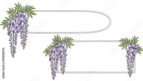 Elegant wisteria branches with purple flowers hanging around two rectangular and oval frames for message text.