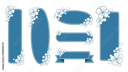 Set of blue rectangular and oval frames decorated with white cherry blossom flowers on a white background art.