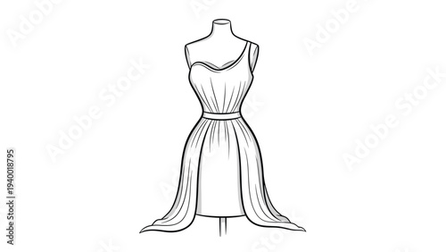 Simple line drawing of a one-shoulder evening dress on a mannequin torso isolated on a white background.
