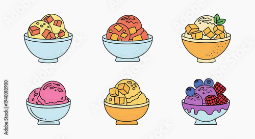 Colorful vector art of assorted frozen desserts. Bowls with ice cream and shaved ice, topped with mango, berries, and syrup, perfect for sweet treats and summer menus