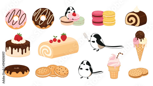 Collection of delicious sweets and desserts including donuts, cakes, macarons, ice cream, and cute birds set.