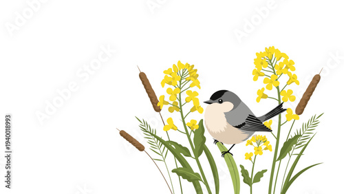 Small grey and white bird perched on a green plant with yellow flowers and decorative brown cattails art.