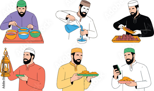 Ramadan gathering illustration with people preparing traditional meals creating peaceful anticipation for iftar celebration cultural vector scenePrint