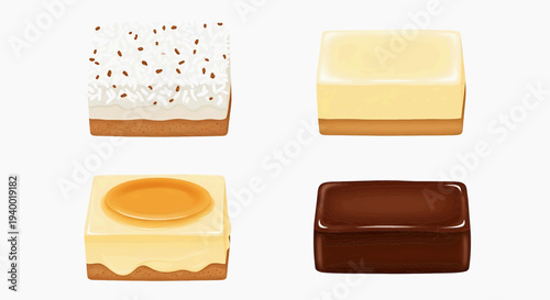 Assorted pastries with cream, chocolate, and sprinkles on a white background viewed from directly above