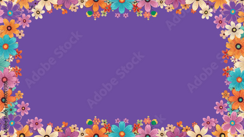 Rectangular frame made of various colorful flowers on a deep purple background for floral greeting cards.