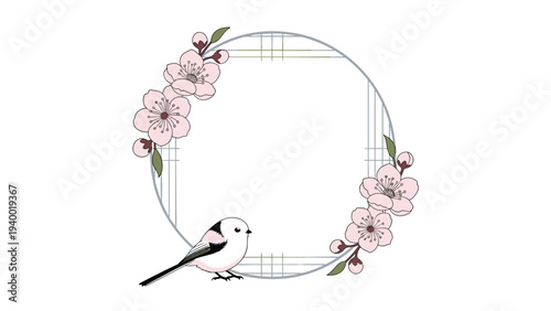 Long-tailed tit bird perched on a branch within a decorative circular frame adorned with pink cherry blossoms on a clean white background.
