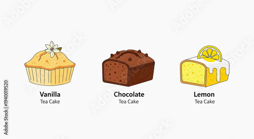 Three Types of Delicious Tea Cakes Vanilla, Chocolate, and Lemon Flavors