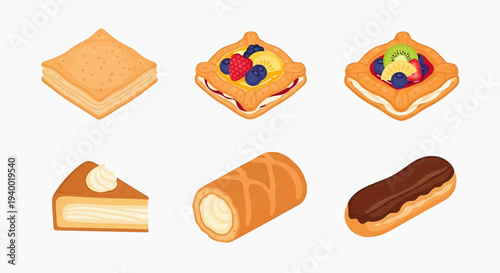 Delicious vector set of assorted sweet pastries and desserts. Features illustrated fruit tarts, cheesecake, eclairs, and cream rolls, ideal for bakery and food-related designs