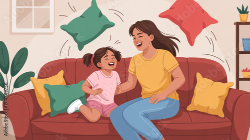 Woman and little girl having fun on couch with flying pillows in living room