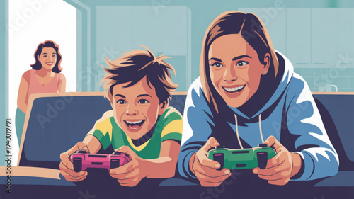 Happy mother and son playing video games together on couch at home with joyful expressions and colorful controllers