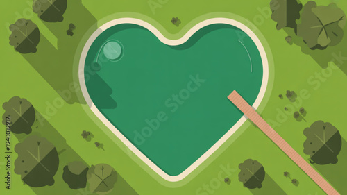 Green heart shaped pond with wooden stick on grassy area with trees