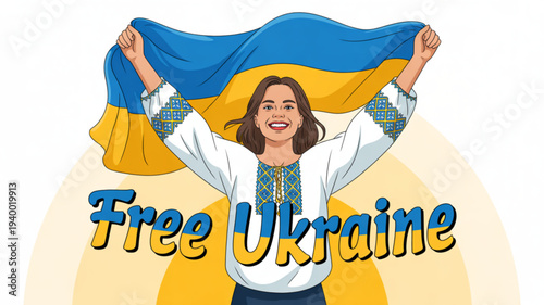 Woman holding ukrainian flag with free ukraine text symbolizing freedom and patriotism