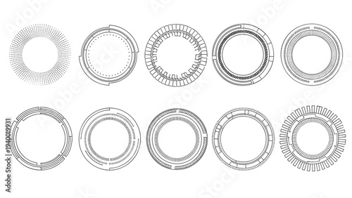 Collection of high-tech futuristic circular interface elements and HUD frames in black and white lines for sci-fi and data visualization projects.