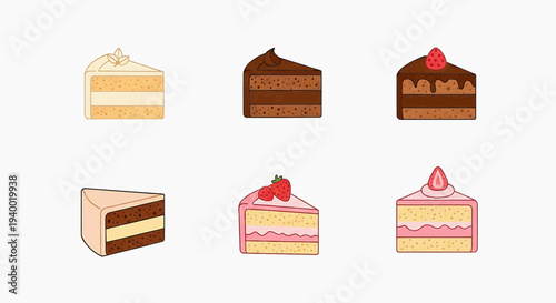 Assorted cakes displayed on a clean white background, showcasing various flavors and decorations, viewed from directly above.
