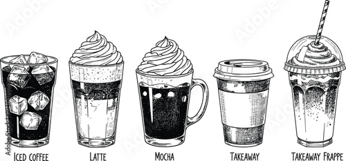 Set of iced coffee drinks including latte mocha takeaway and frappe with whipped cream hand drawn sketch vector illustration on white.