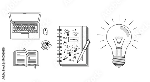Line art illustration of creative workspace with laptop, notebook, coffee and idea lightbulb isolated PNG with Transparent Background