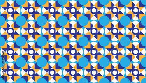 Dynamic High-Density Star and Circle Mosaic – Seamless Vector Background with Vibrant Blue and Orange Accents