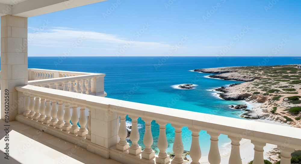 Fototapeta premium Luxurious balcony overlooking a pristine turquoise Mediterranean bay with rocky coastline and clear blue sky on a sunny day