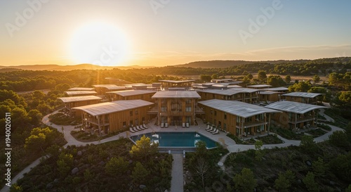Aerial view of a luxury resort with a swimming pool surrounded by trees at sunset