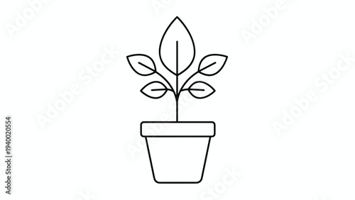 Simple black line art illustration of a leafy plant growing inside a basic flower pot isolated on a white background for gardening themes.