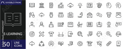 E-learning icons set. Includes symbols of online courses, virtual classrooms, video lessons, certificates, laptops, and digital study tools. Editable stroke. Vector illustration. Outline icons.