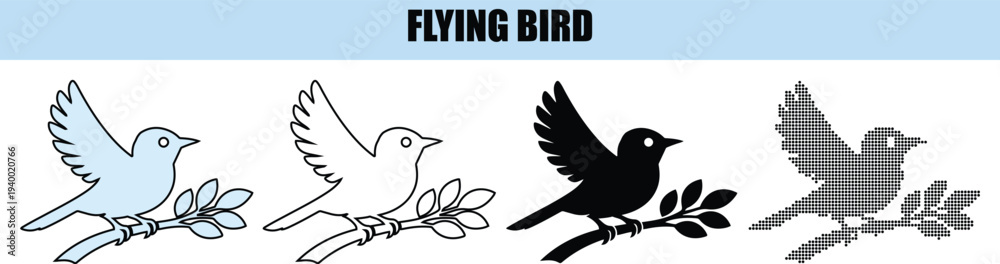 Obraz premium Four Variations of a Bird on a Branch: Outline Silhouette and Dotted Style