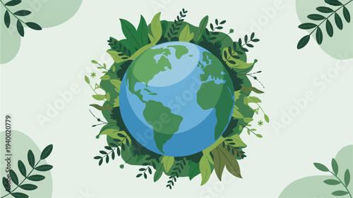 Earth surrounded by lush green leaves on a light green background with leafy patterns symbolizing eco friendly and sustainable living concepts